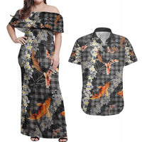 Black Palaka Hawaiian And Japanese Couples Matching Off Shoulder Maxi Dress and Hawaiian Shirt Sakura Lei With Koi Fish - Polynesian Pride