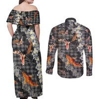 Black Palaka Hawaiian And Japanese Couples Matching Off Shoulder Maxi Dress and Long Sleeve Button Shirt Sakura Lei With Koi Fish - Polynesian Pride