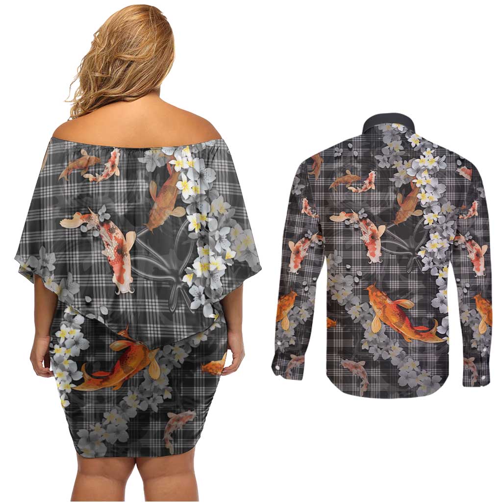 Black Palaka Hawaiian And Japanese Couples Matching Off Shoulder Short Dress and Long Sleeve Button Shirt Sakura Lei With Koi Fish - Polynesian Pride