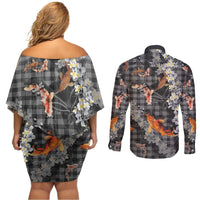 Black Palaka Hawaiian And Japanese Couples Matching Off Shoulder Short Dress and Long Sleeve Button Shirt Sakura Lei With Koi Fish - Polynesian Pride