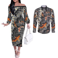 Black Palaka Hawaiian And Japanese Couples Matching Off The Shoulder Long Sleeve Dress and Long Sleeve Button Shirt Sakura Lei With Koi Fish - Polynesian Pride