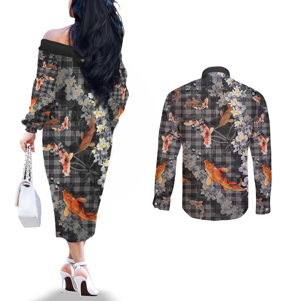 Black Palaka Hawaiian And Japanese Couples Matching Off The Shoulder Long Sleeve Dress and Long Sleeve Button Shirt Sakura Lei With Koi Fish - Polynesian Pride