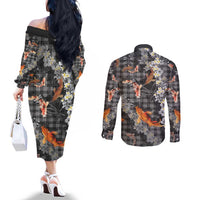 Black Palaka Hawaiian And Japanese Couples Matching Off The Shoulder Long Sleeve Dress and Long Sleeve Button Shirt Sakura Lei With Koi Fish - Polynesian Pride