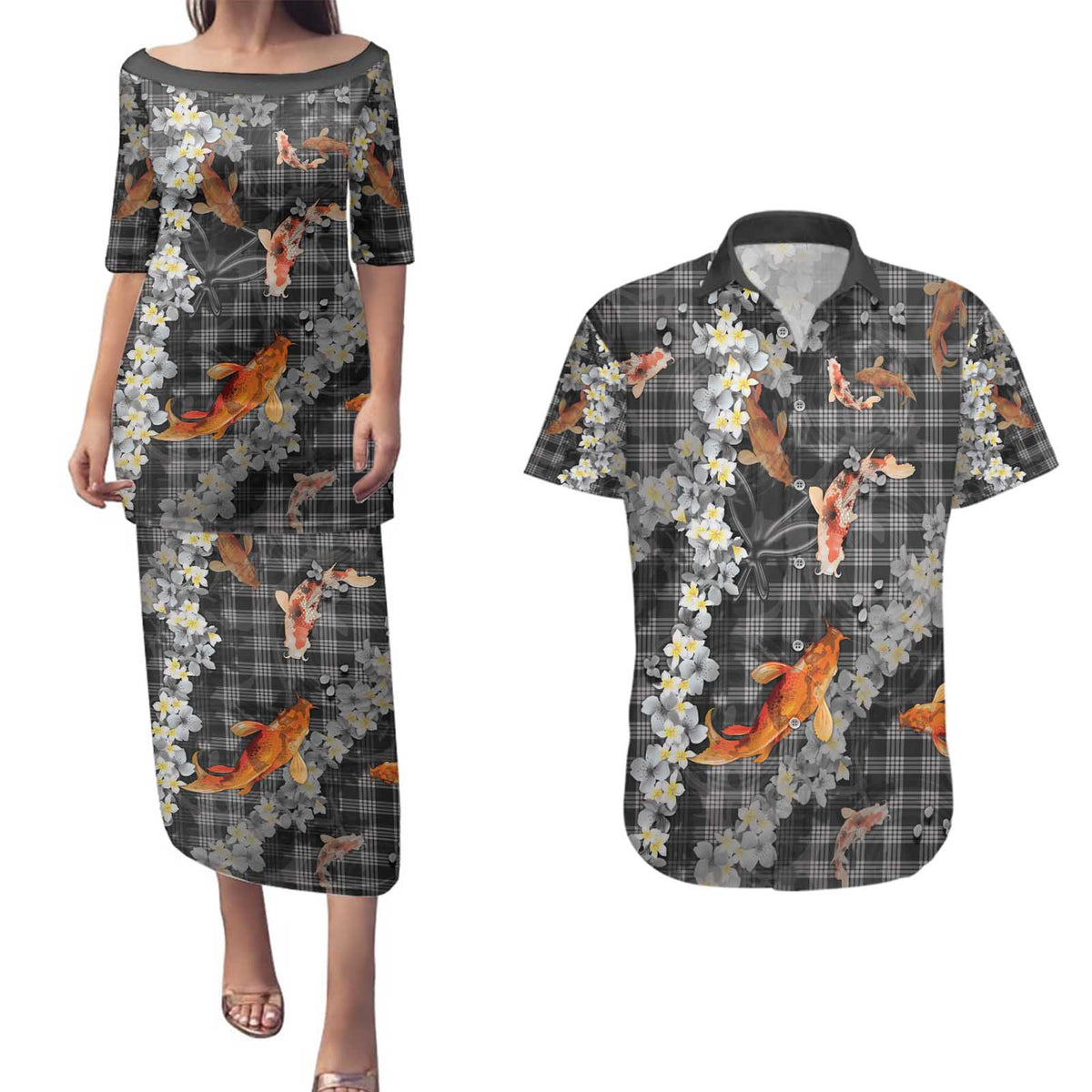 Black Palaka Hawaiian And Japanese Couples Matching Puletasi and Hawaiian Shirt Sakura Lei With Koi Fish - Polynesian Pride