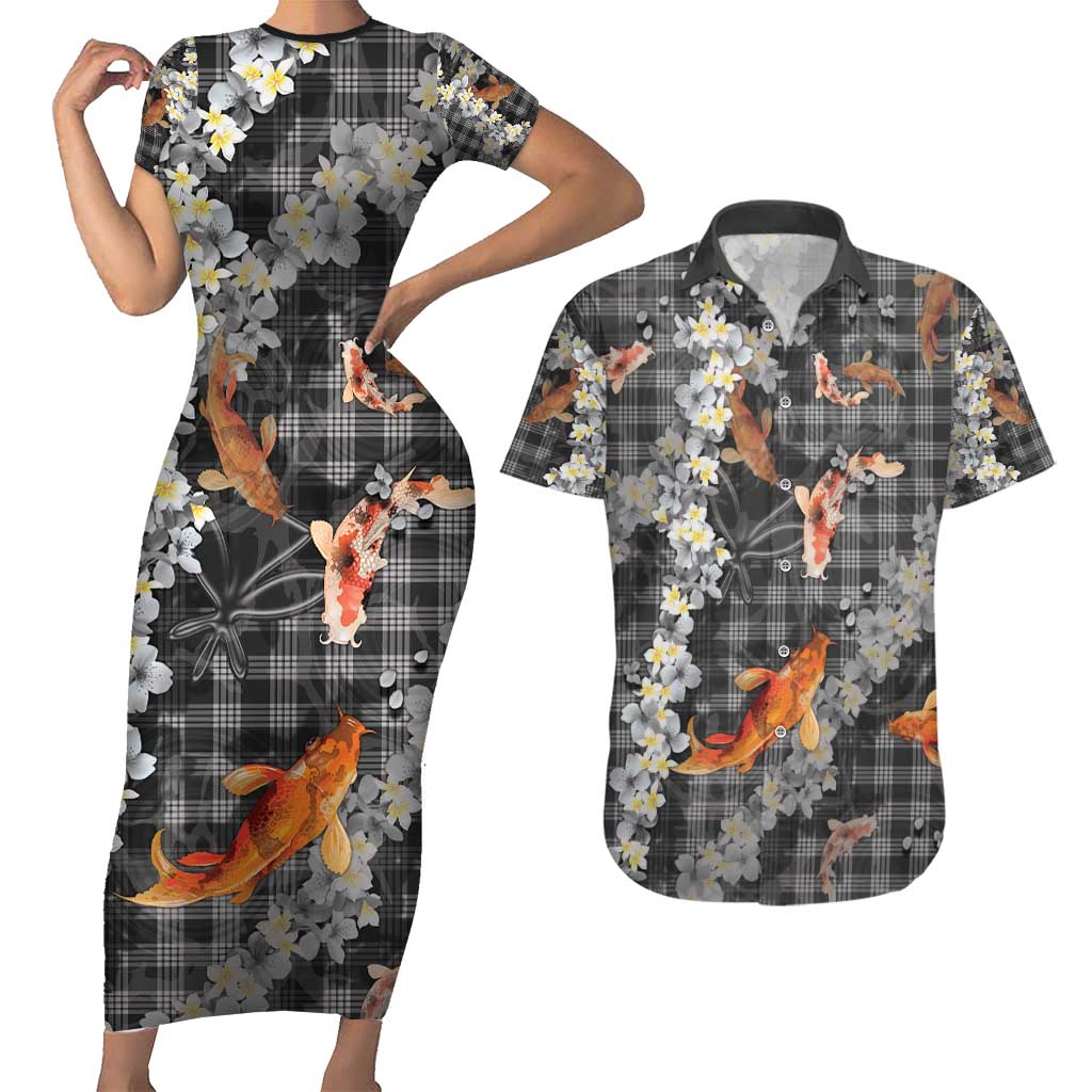 Black Palaka Hawaiian And Japanese Couples Matching Short Sleeve Bodycon Dress and Hawaiian Shirt Sakura Lei With Koi Fish - Polynesian Pride