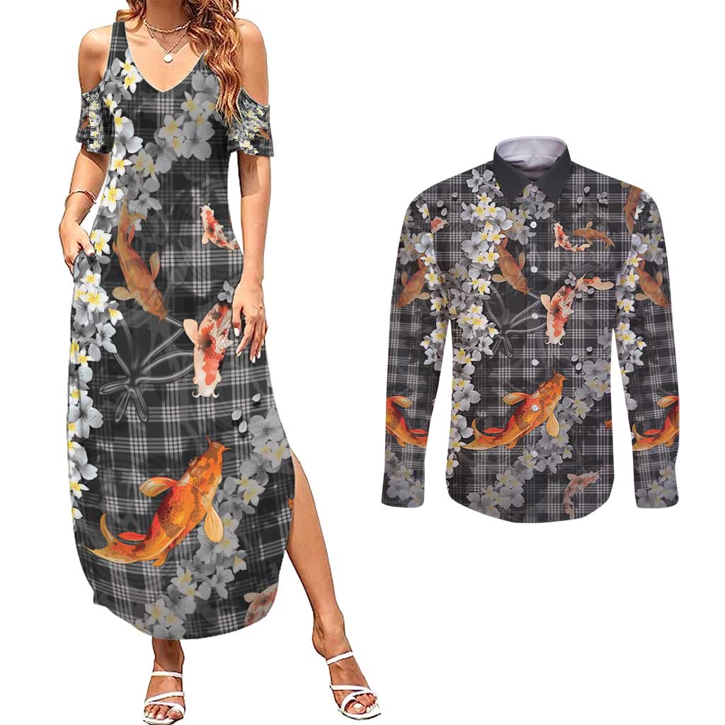 Black Palaka Hawaiian And Japanese Couples Matching Summer Maxi Dress and Long Sleeve Button Shirt Sakura Lei With Koi Fish - Polynesian Pride