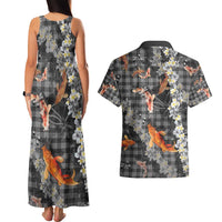 Black Palaka Hawaiian And Japanese Couples Matching Tank Maxi Dress and Hawaiian Shirt Sakura Lei With Koi Fish - Polynesian Pride