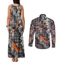 Black Palaka Hawaiian And Japanese Couples Matching Tank Maxi Dress and Long Sleeve Button Shirt Sakura Lei With Koi Fish - Polynesian Pride