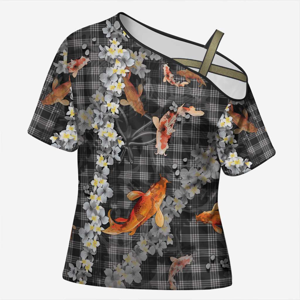 Black Palaka Hawaiian And Japanese Cross Shoulder Shirt Sakura Lei With Koi Fish - Polynesian Pride