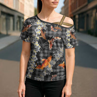 Black Palaka Hawaiian And Japanese Cross Shoulder Shirt Sakura Lei With Koi Fish - Polynesian Pride