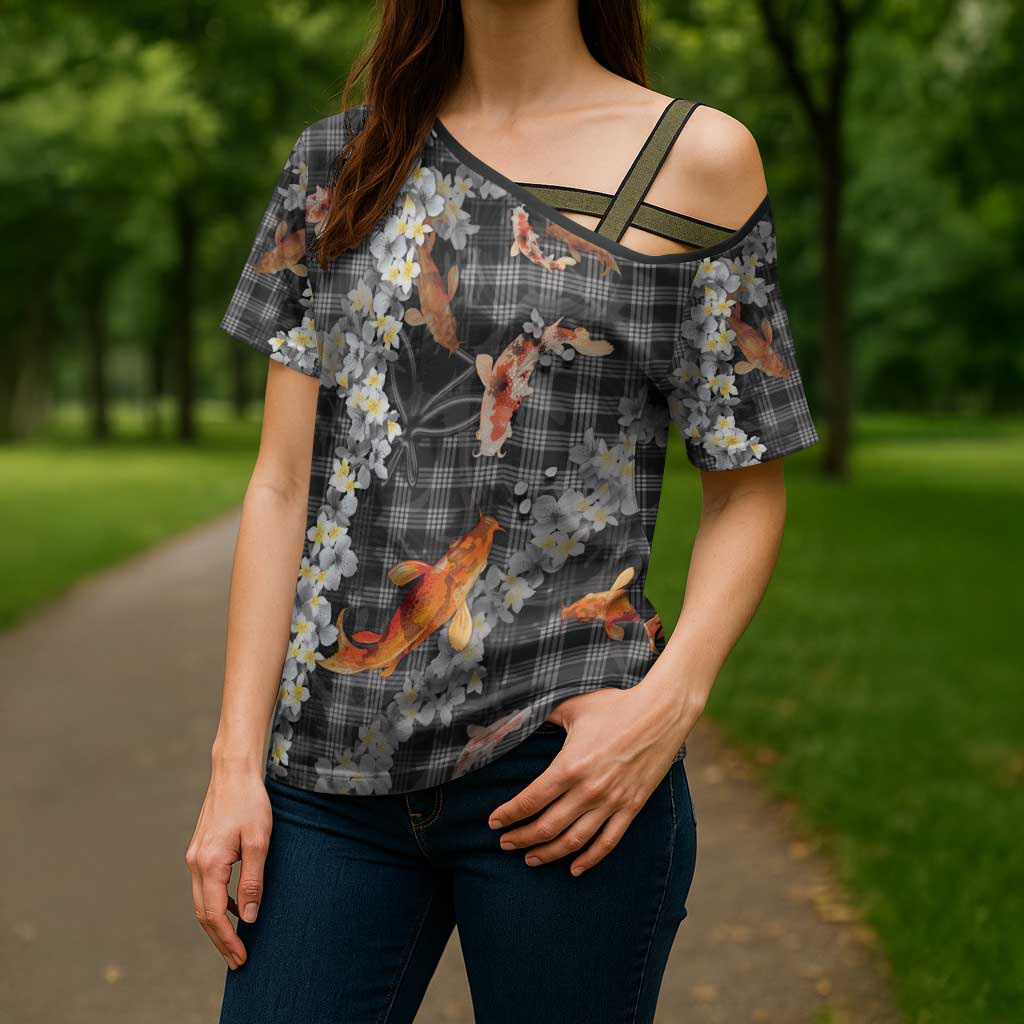 Black Palaka Hawaiian And Japanese Cross Shoulder Shirt Sakura Lei With Koi Fish - Polynesian Pride