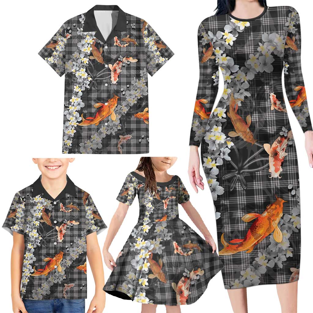 Black Palaka Hawaiian And Japanese Family Matching Long Sleeve Bodycon Dress and Hawaiian Shirt Sakura Lei With Koi Fish - Polynesian Pride