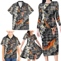 Black Palaka Hawaiian And Japanese Family Matching Long Sleeve Bodycon Dress and Hawaiian Shirt Sakura Lei With Koi Fish - Polynesian Pride