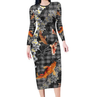 Black Palaka Hawaiian And Japanese Family Matching Long Sleeve Bodycon Dress and Hawaiian Shirt Sakura Lei With Koi Fish - Polynesian Pride