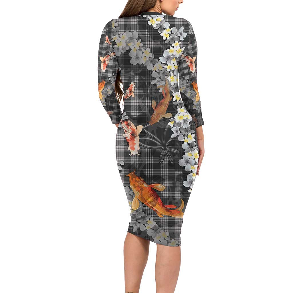 Black Palaka Hawaiian And Japanese Family Matching Long Sleeve Bodycon Dress and Hawaiian Shirt Sakura Lei With Koi Fish - Polynesian Pride