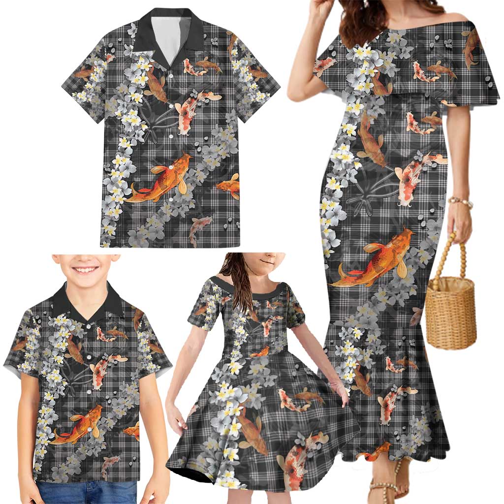Black Palaka Hawaiian And Japanese Family Matching Mermaid Dress and Hawaiian Shirt Sakura Lei With Koi Fish - Polynesian Pride