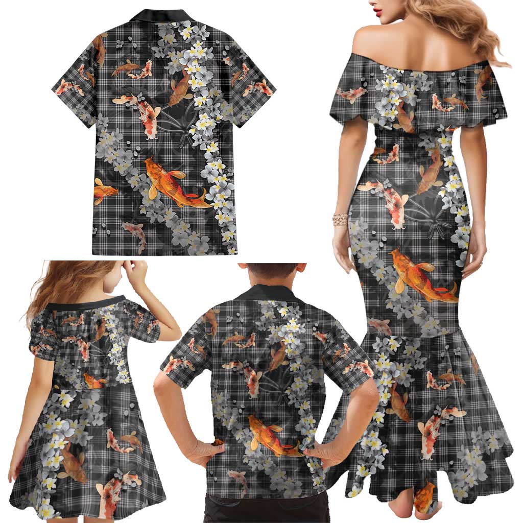 Black Palaka Hawaiian And Japanese Family Matching Mermaid Dress and Hawaiian Shirt Sakura Lei With Koi Fish - Polynesian Pride