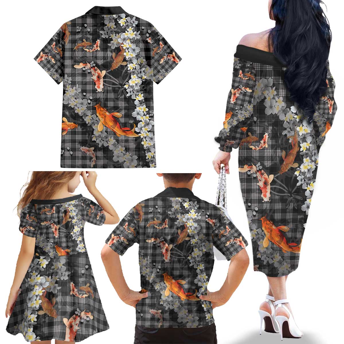 Black Palaka Hawaiian And Japanese Family Matching Off The Shoulder Long Sleeve Dress and Hawaiian Shirt Sakura Lei With Koi Fish - Polynesian Pride