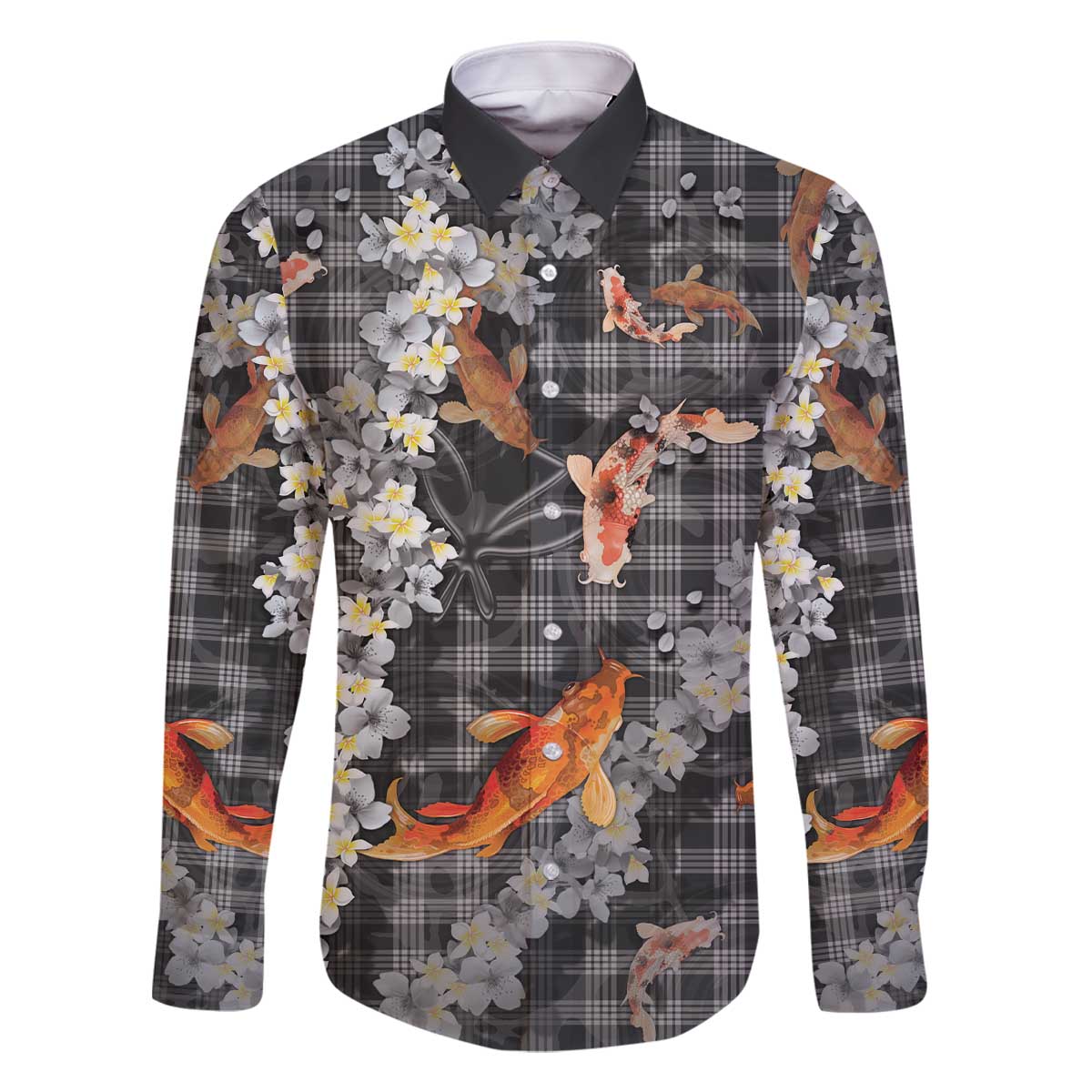 Black Palaka Hawaiian And Japanese Family Matching Off The Shoulder Long Sleeve Dress and Hawaiian Shirt Sakura Lei With Koi Fish - Polynesian Pride