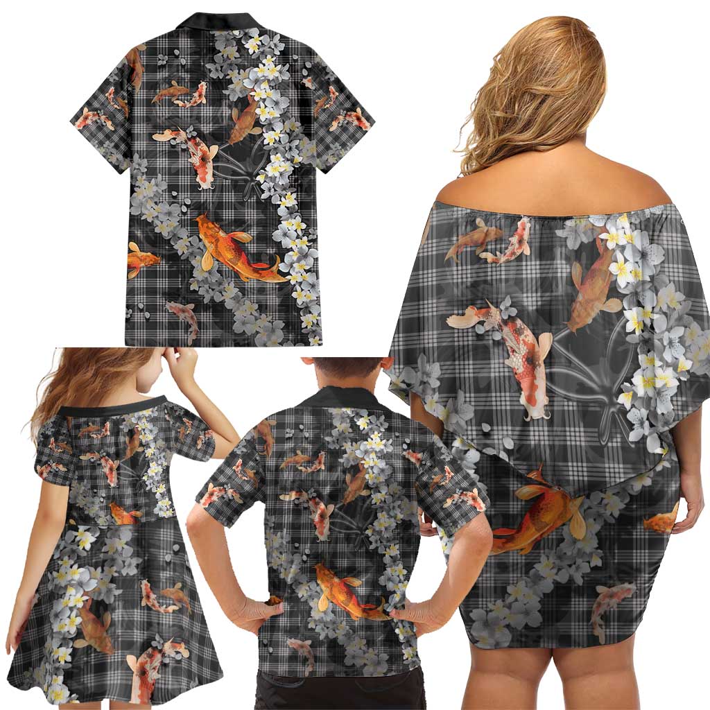 Black Palaka Hawaiian And Japanese Family Matching Off Shoulder Short Dress and Hawaiian Shirt Sakura Lei With Koi Fish - Polynesian Pride