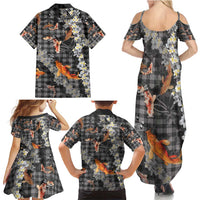 Black Palaka Hawaiian And Japanese Family Matching Summer Maxi Dress and Hawaiian Shirt Sakura Lei With Koi Fish - Polynesian Pride
