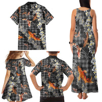 Black Palaka Hawaiian And Japanese Family Matching Tank Maxi Dress and Hawaiian Shirt Sakura Lei With Koi Fish - Polynesian Pride