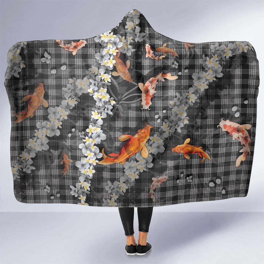 Black Palaka Hawaiian And Japanese Hooded Blanket Sakura Lei With Koi Fish - Polynesian Pride