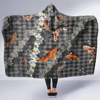 Black Palaka Hawaiian And Japanese Hooded Blanket Sakura Lei With Koi Fish - Polynesian Pride