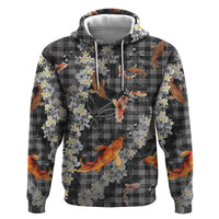 Black Palaka Hawaiian And Japanese Hoodie Sakura Lei With Koi Fish - Polynesian Pride