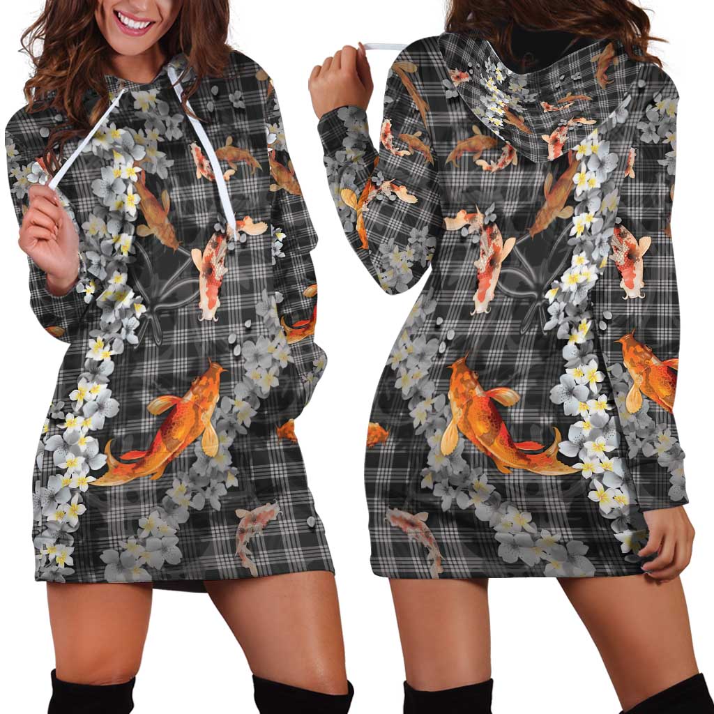 Black Palaka Hawaiian And Japanese Hoodie Dress Sakura Lei With Koi Fish - Polynesian Pride