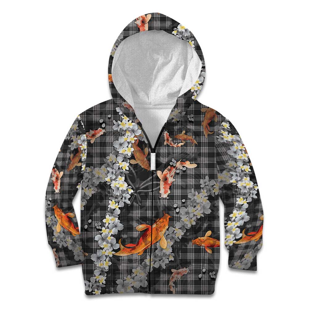Black Palaka Hawaiian And Japanese Kid Hoodie Sakura Lei With Koi Fish - Polynesian Pride