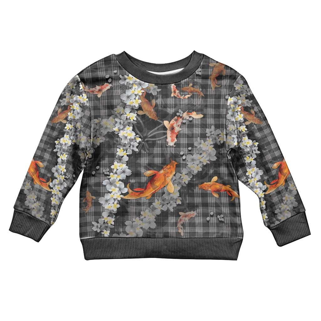 Black Palaka Hawaiian And Japanese Kid Ugly Christmas Sweater Sakura Lei With Koi Fish - Polynesian Pride