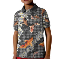 Black Palaka Hawaiian And Japanese Kid Polo Shirt Sakura Lei With Koi Fish - Polynesian Pride