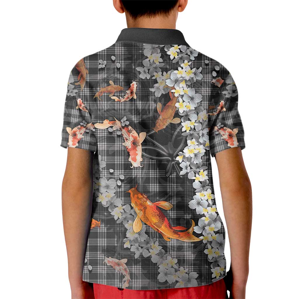 Black Palaka Hawaiian And Japanese Kid Polo Shirt Sakura Lei With Koi Fish - Polynesian Pride