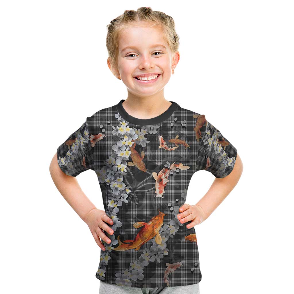 Black Palaka Hawaiian And Japanese Kid T Shirt Sakura Lei With Koi Fish - Polynesian Pride