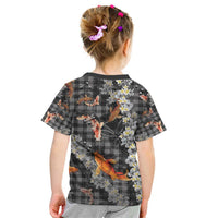 Black Palaka Hawaiian And Japanese Kid T Shirt Sakura Lei With Koi Fish - Polynesian Pride