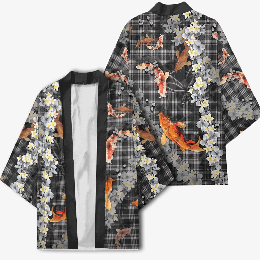 Black Palaka Hawaiian And Japanese Kimono Sakura Lei With Koi Fish - Polynesian Pride