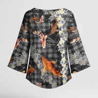 Black Palaka Hawaiian And Japanese Kimono Sleeve Blouse Sakura Lei With Koi Fish - Polynesian Pride