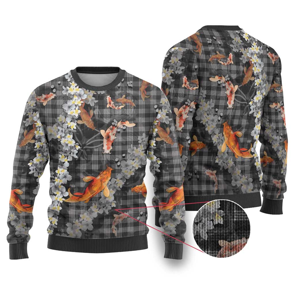 Black Palaka Hawaiian And Japanese Ugly Christmas Sweater Sakura Lei With Koi Fish - Polynesian Pride