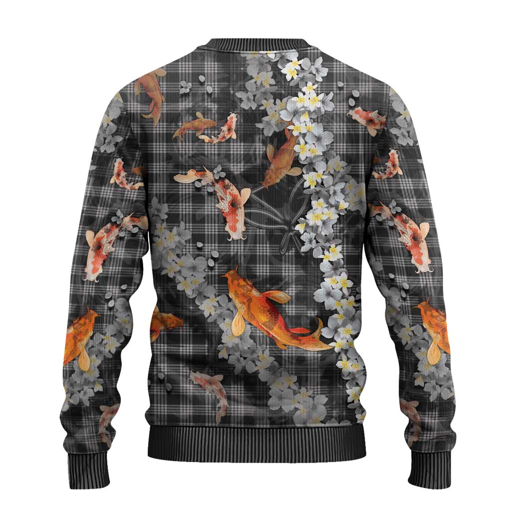 Black Palaka Hawaiian And Japanese Ugly Christmas Sweater Sakura Lei With Koi Fish - Polynesian Pride