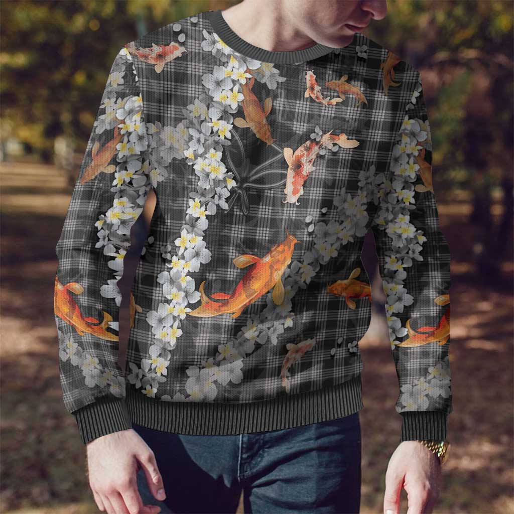 Black Palaka Hawaiian And Japanese Ugly Christmas Sweater Sakura Lei With Koi Fish - Polynesian Pride