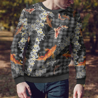 Black Palaka Hawaiian And Japanese Ugly Christmas Sweater Sakura Lei With Koi Fish - Polynesian Pride