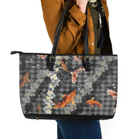 Black Palaka Hawaiian And Japanese Leather Tote Bag Sakura Lei With Koi Fish - Polynesian Pride