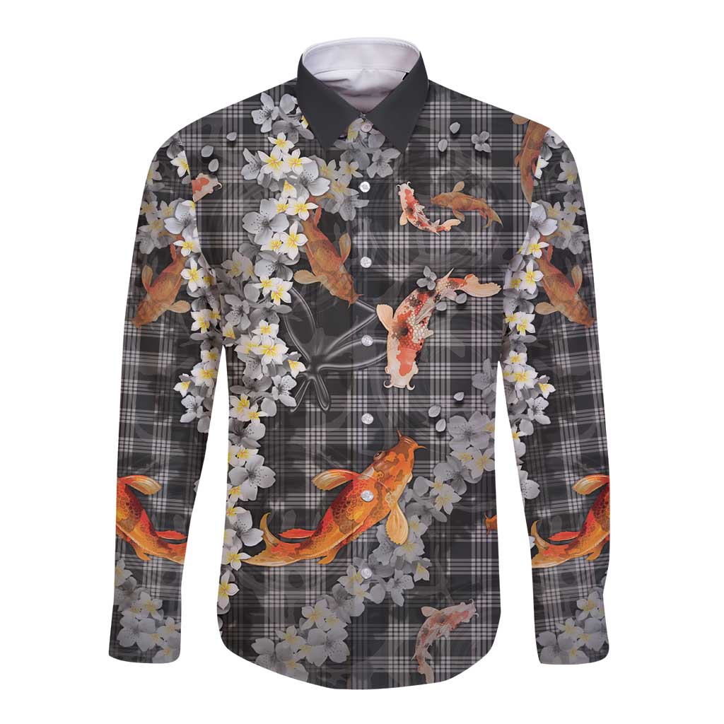 Black Palaka Hawaiian And Japanese Long Sleeve Button Shirt Sakura Lei With Koi Fish - Polynesian Pride