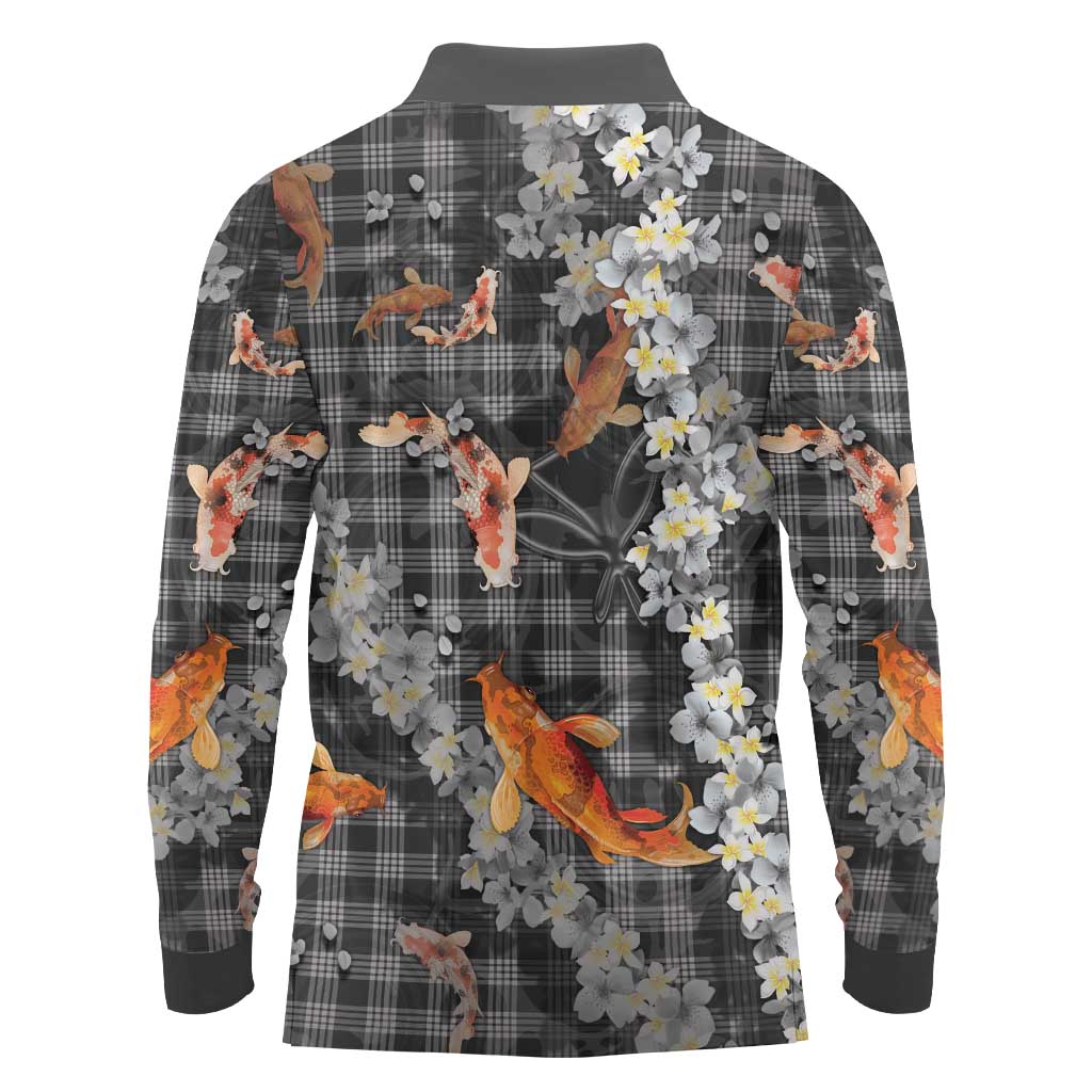 Black Palaka Hawaiian And Japanese Long Sleeve Polo Shirt Sakura Lei With Koi Fish - Polynesian Pride