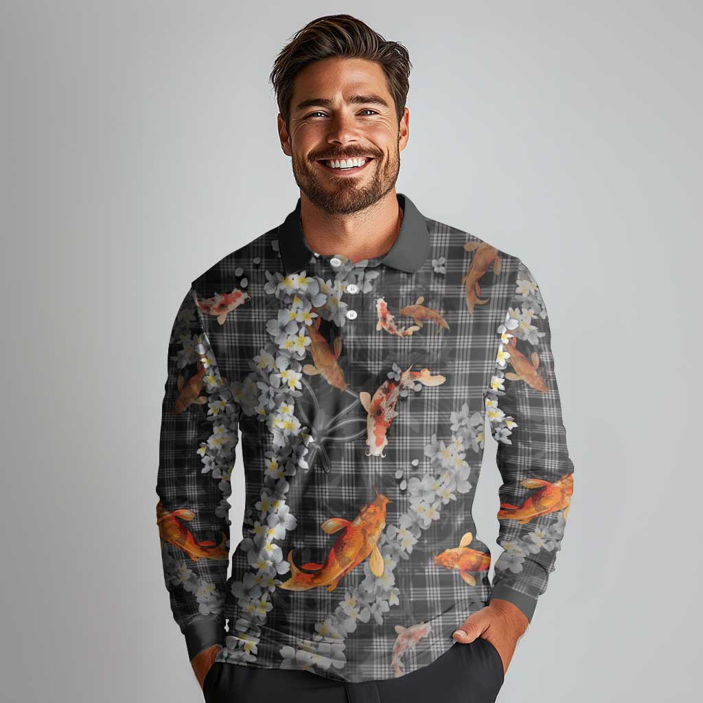 Black Palaka Hawaiian And Japanese Long Sleeve Polo Shirt Sakura Lei With Koi Fish - Polynesian Pride