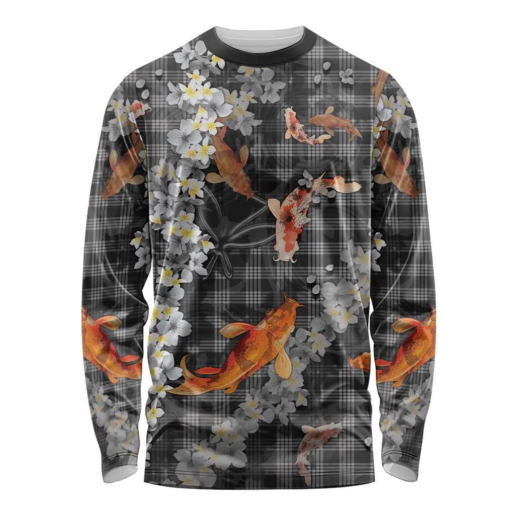 Black Palaka Hawaiian And Japanese Long Sleeve Shirt Sakura Lei With Koi Fish - Polynesian Pride