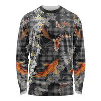 Black Palaka Hawaiian And Japanese Long Sleeve Shirt Sakura Lei With Koi Fish - Polynesian Pride