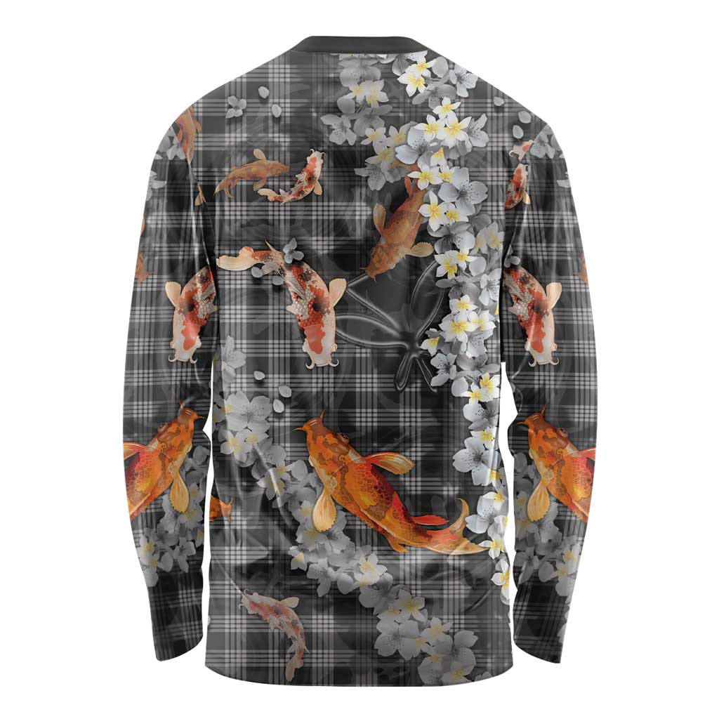 Black Palaka Hawaiian And Japanese Long Sleeve Shirt Sakura Lei With Koi Fish - Polynesian Pride