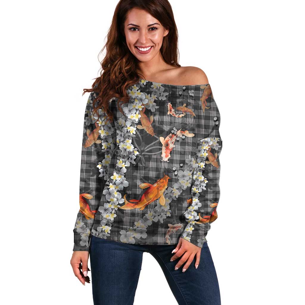Black Palaka Hawaiian And Japanese Off Shoulder Sweater Sakura Lei With Koi Fish - Polynesian Pride